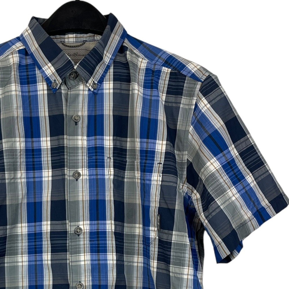 Eddie Bauer TRAVEX Mens Large Blue Plaid Short Sleeve Wicking Nylon Hiking Shirt